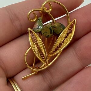 Vintage Gold Tone Leaf Brooch Green Stone Accents Metal Nature Japan